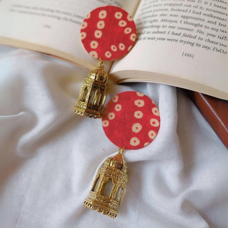 Red Bandhani Print Golden Jhumka Earrings | Verified Sustainable by Brown Living™