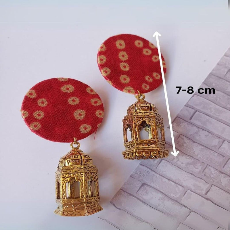 Red Bandhani Print Golden Jhumka Earrings | Verified Sustainable by Brown Living™