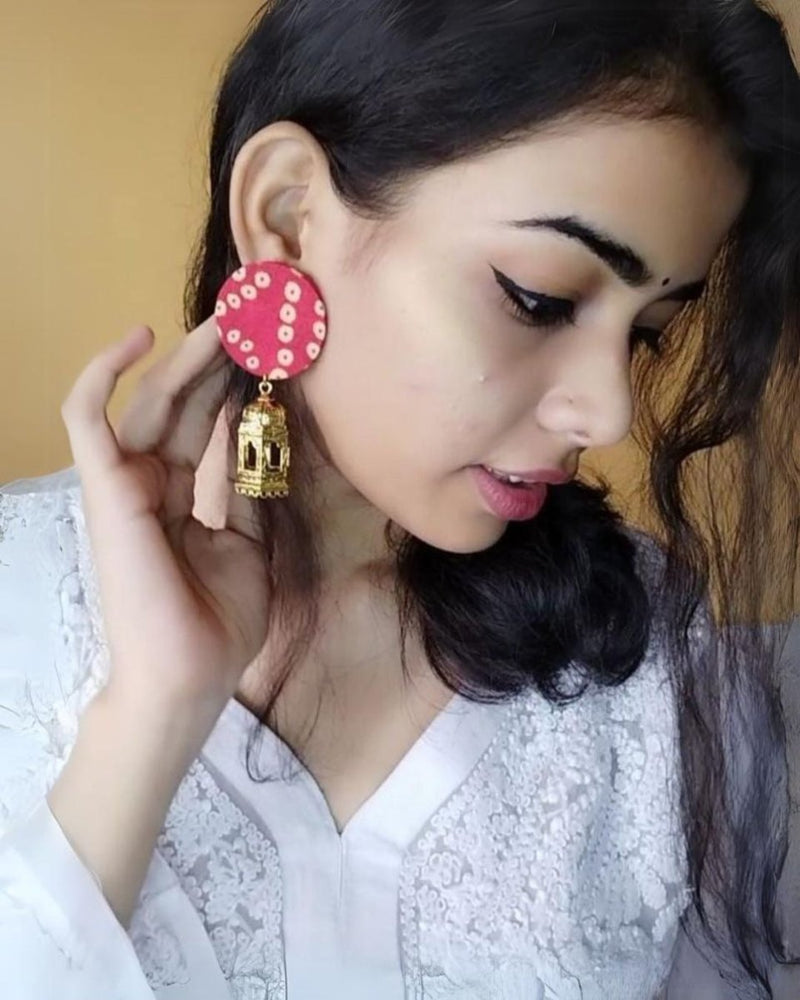 Red Bandhani Print Golden Jhumka Earrings | Verified Sustainable by Brown Living™