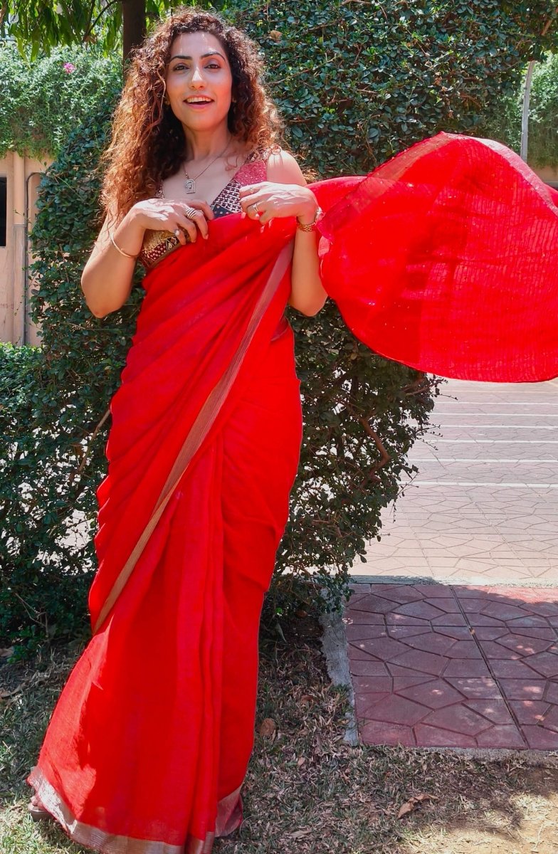 Red Linen Saree with sequence – Womens Saree by Forsarees available on Brown Living™. . SKU: k - 1018. Img 3.