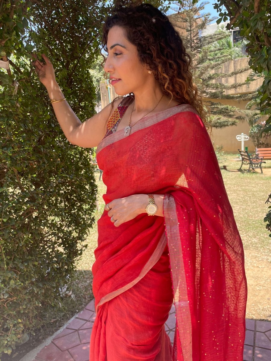 Red Linen Saree with sequence – Womens Saree by Forsarees available on Brown Living™. . SKU: k - 1018. Img 6.