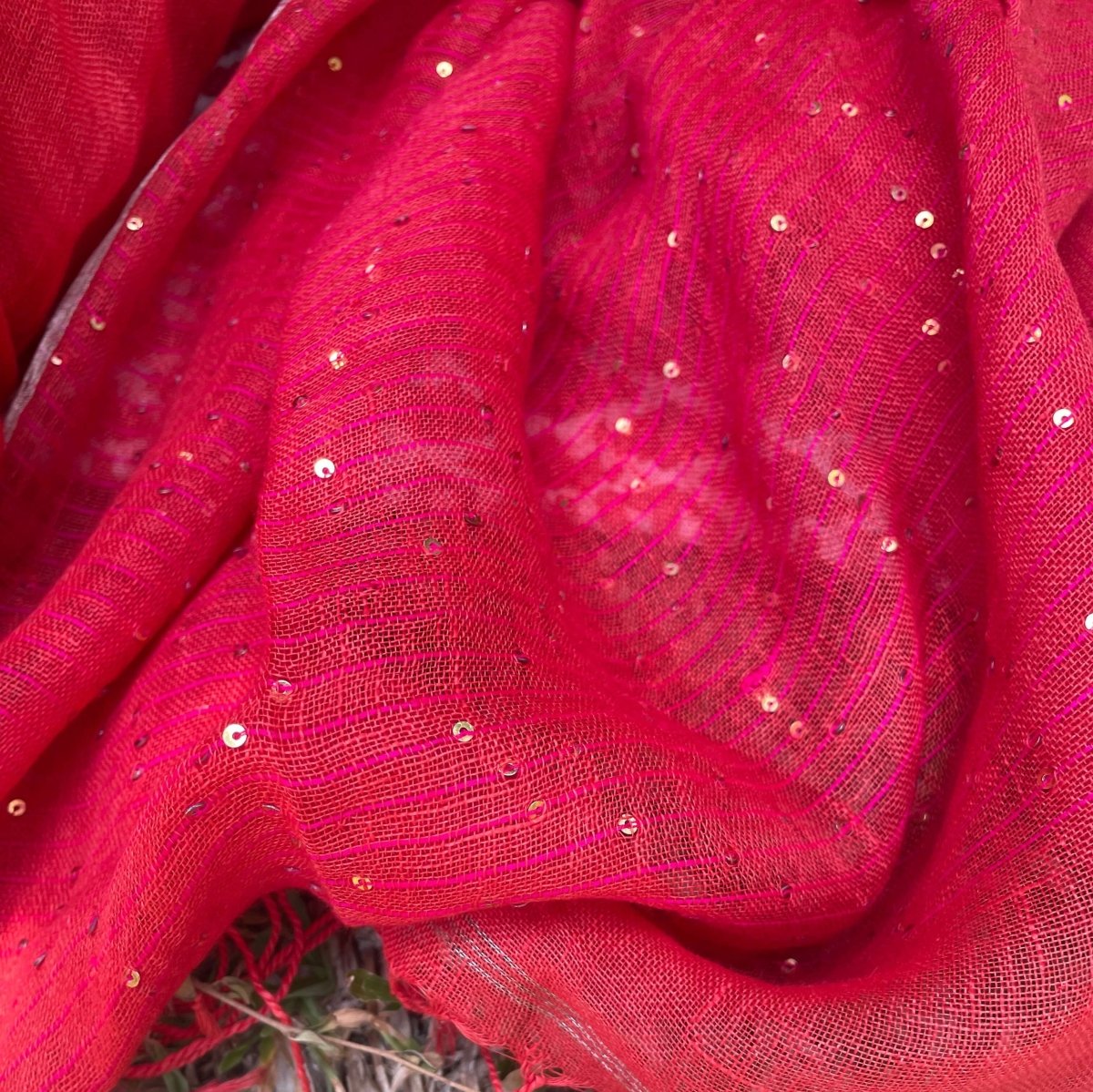 Red Linen Saree with sequence – Womens Saree by Forsarees available on Brown Living™. . SKU: k - 1018. Img 5.