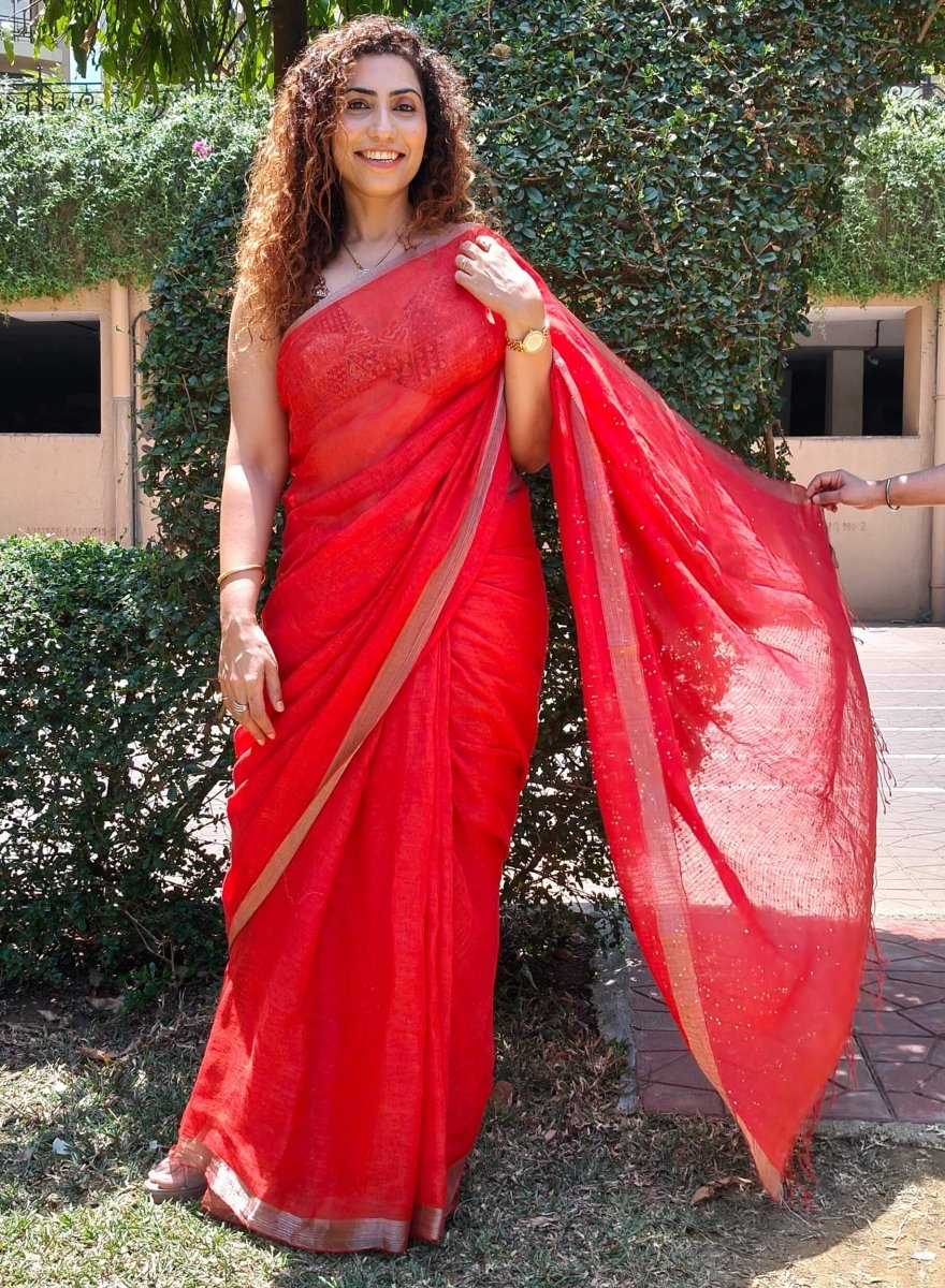 Red Linen Saree with sequence – Womens Saree by Forsarees available on Brown Living™. . SKU: k - 1018. Img 4.