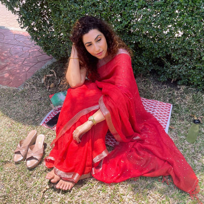 Red Linen Saree with sequence – Womens Saree by Forsarees available on Brown Living™. . SKU: k - 1018. Img 2.
