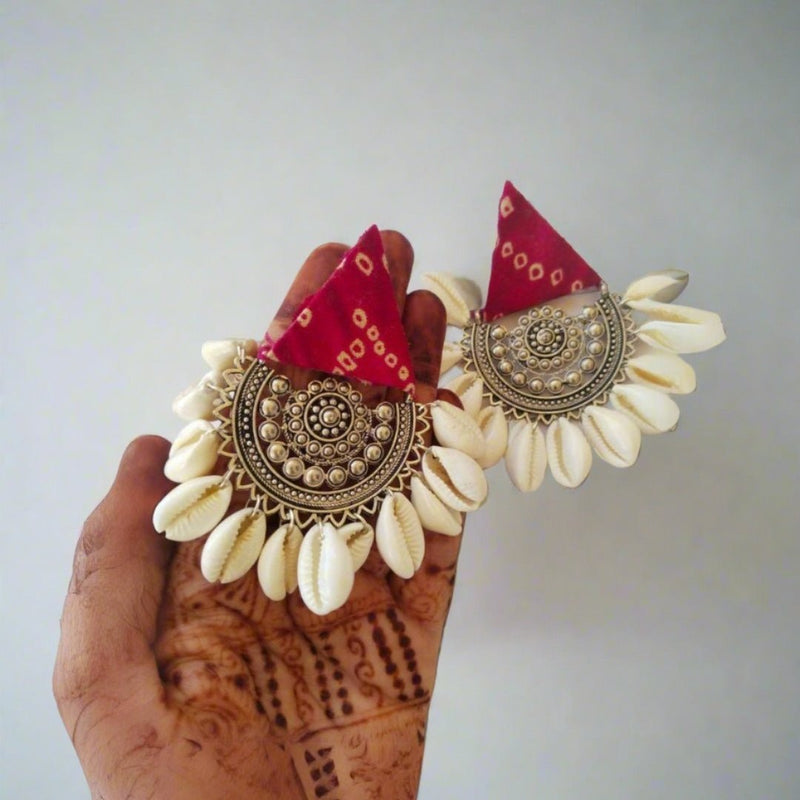 Red Printed Fabric Earrings With Shells | Verified Sustainable by Brown Living™