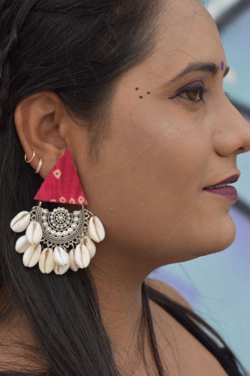 Red Printed Fabric Earrings With Shells | Verified Sustainable by Brown Living™