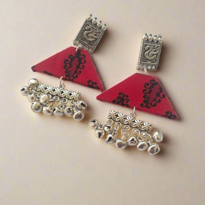 Red Printed Swan and Silver Ghungroo Earrings | Verified Sustainable by Brown Living™