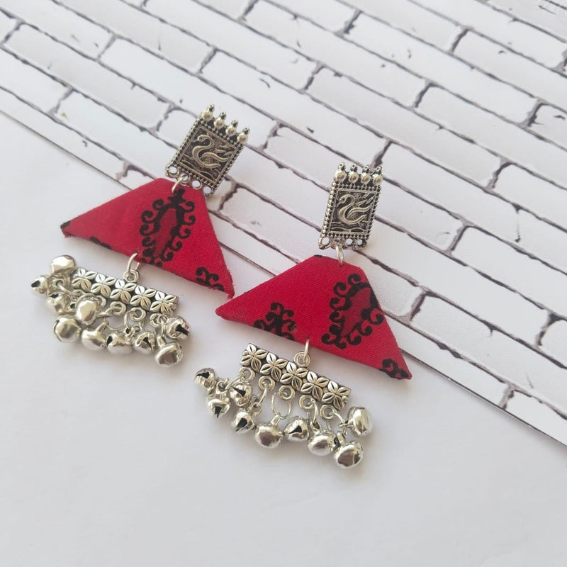 Red Printed Swan and Silver Ghungroo Earrings | Verified Sustainable by Brown Living™