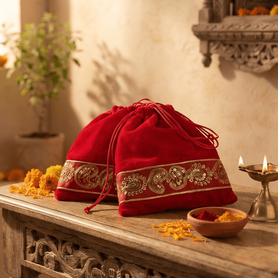 Red Traditional Fabric Potli Bags | Set of 2 – Home Decor on Brown Living™. SKU: PB01. Img 1.