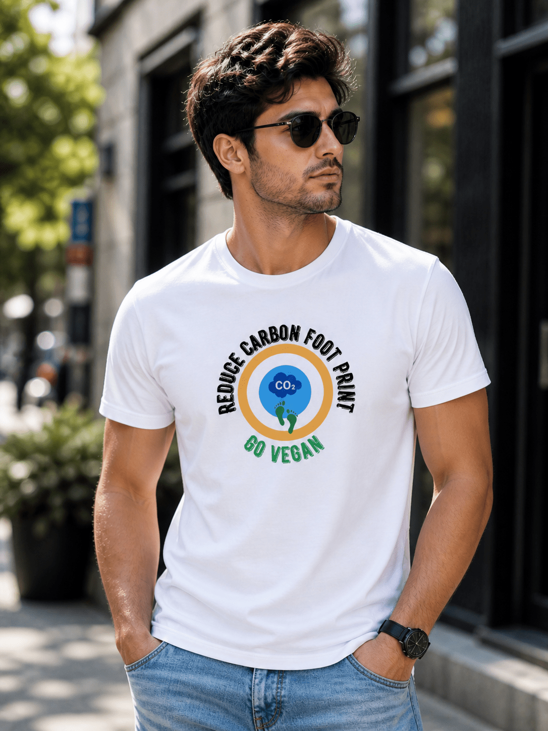 Reduce Carbon Footprint Unisex Cotton T-Shirt Relaxed Fit Graphic Tee – Mens T-Shirt on Brown Living™. SKU: reduce-carbon-foot-print-White-S. Img 1.