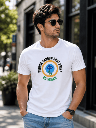 Reduce Carbon Footprint Unisex Cotton T-Shirt Relaxed Fit Graphic Tee – Mens T-Shirt on Brown Living™. SKU: reduce-carbon-foot-print-White-S. Img 1.