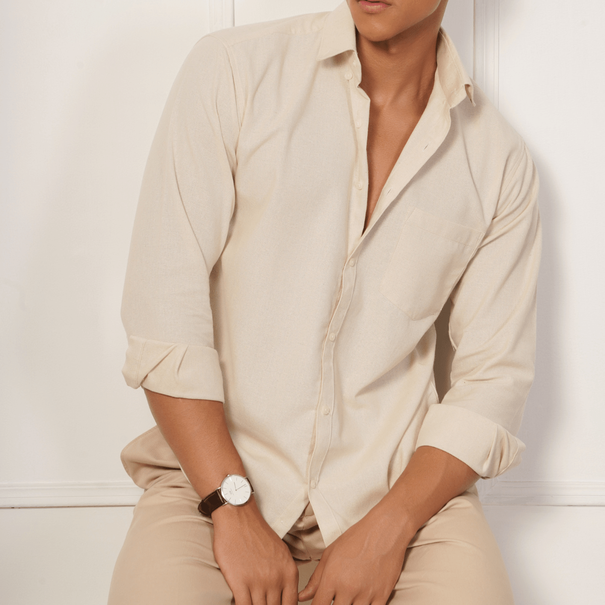 Regular Fit Full Sleeve Button Down Collar Shirt For Men | Cream – Men Shirt on Brown Living™. SKU: F - S1012 - M. Img 1.