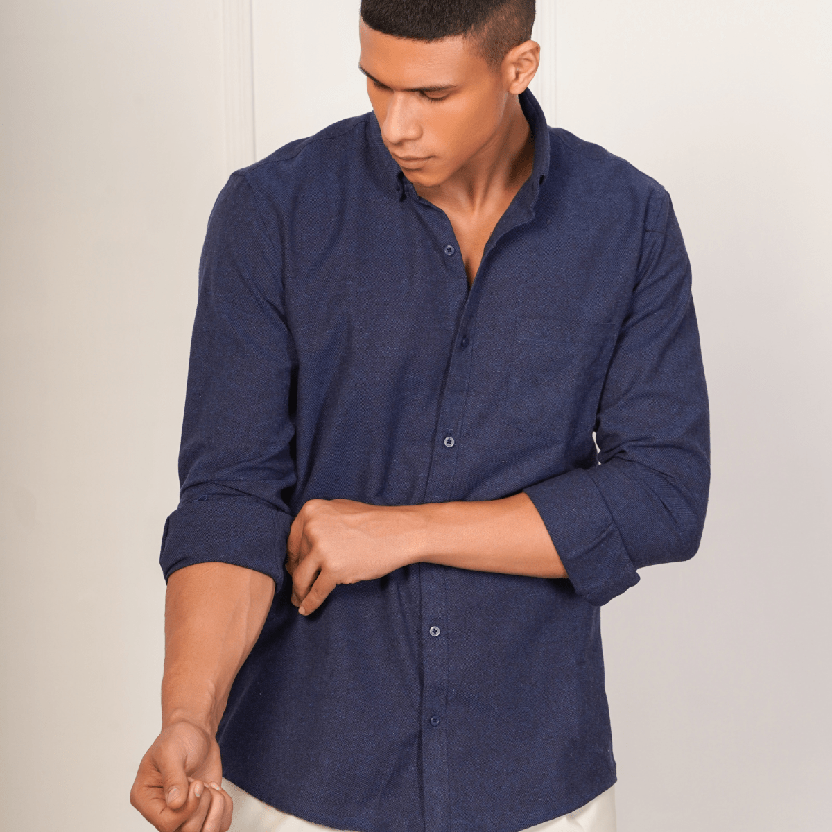Regular Fit Full Sleeve Button Down Collar Shirt For Men | Dark Blue – Men Shirt on Brown Living™. SKU: F - S1011 - M. Img 2.