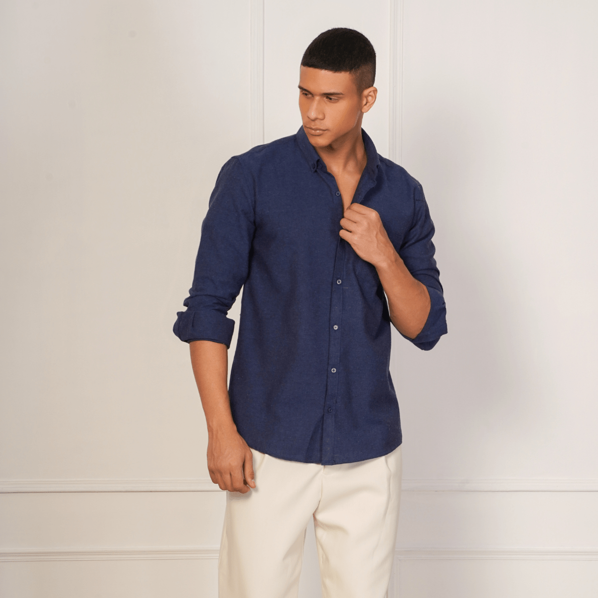 Regular Fit Full Sleeve Button Down Collar Shirt For Men | Dark Blue – Men Shirt on Brown Living™. SKU: F - S1011 - M. Img 1.