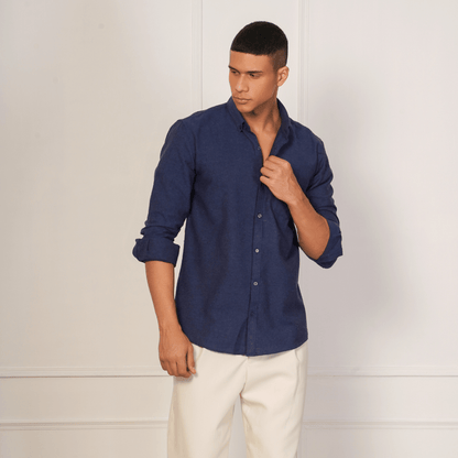 Regular Fit Full Sleeve Button Down Collar Shirt For Men | Dark Blue – Men Shirt on Brown Living™. SKU: F - S1011 - M. Img 1.