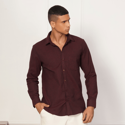 Regular Fit Full Sleeve Button Down Collar Shirt For Men | Maroon – Mens Shirt on Brown Living™. SKU: F - S1014 - M. Img 1.