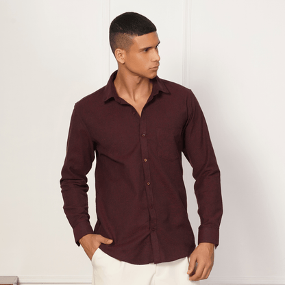 Regular Fit Full Sleeve Button Down Collar Shirt For Men | Maroon – Mens Shirt on Brown Living™. SKU: F - S1014 - M. Img 1.