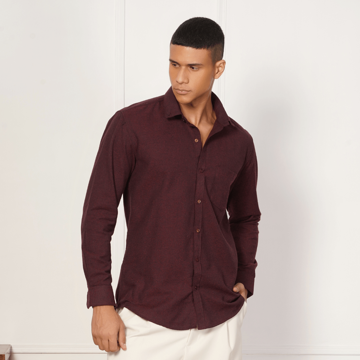 Regular Fit Full Sleeve Button Down Collar Shirt For Men | Maroon – Mens Shirt on Brown Living™. SKU: F - S1014 - M. Img 4.