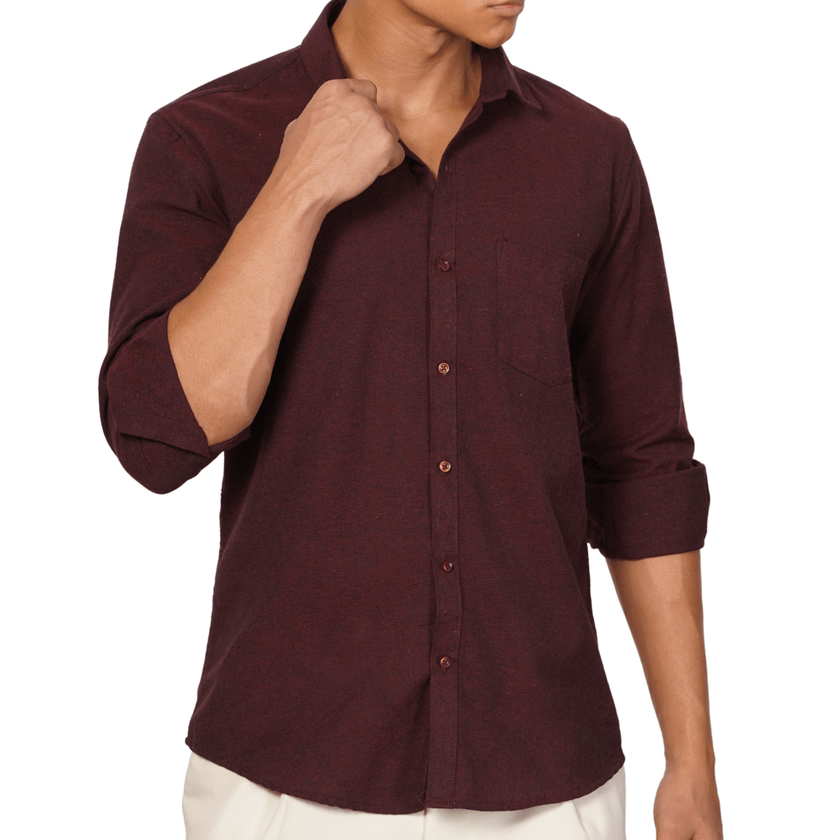 Regular Fit Full Sleeve Button Down Collar Shirt For Men | Maroon – Mens Shirt on Brown Living™. SKU: F - S1014 - M. Img 2.