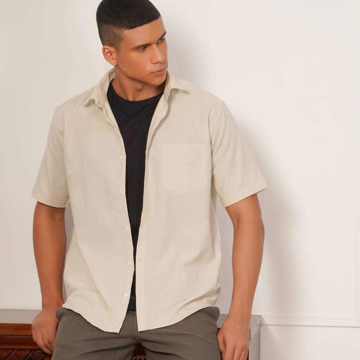Regular Fit Half Sleeve Button Down Collar Shirt For Men | Ivory – Men Shirt on Brown Living™. SKU: H-F-1012-M. Img 1.