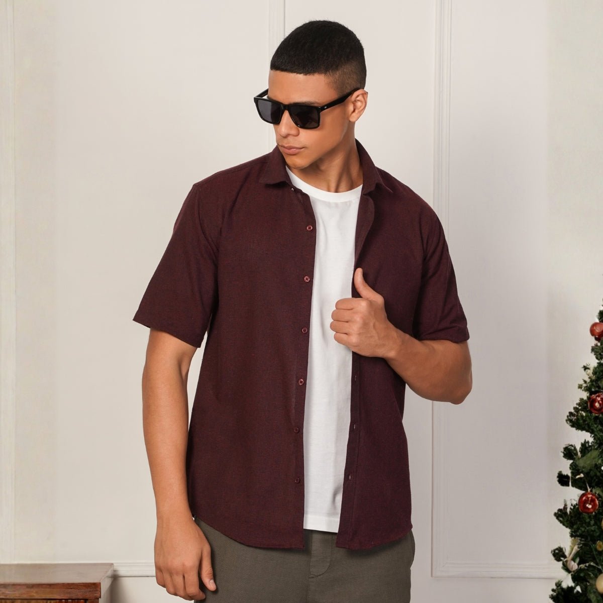 Regular Fit Half Sleeve Button Down Collar Shirt For Men | Maroon – Mens Shirt on Brown Living™. SKU: H-F-1014-M. Img 1.
