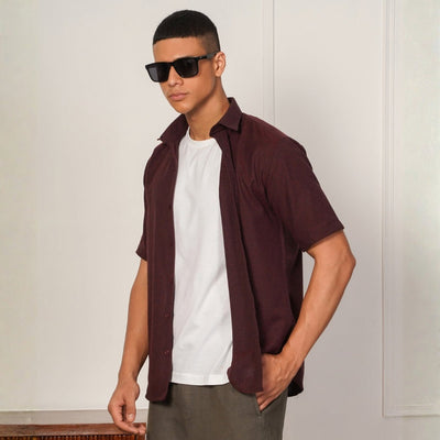 Regular Fit Half Sleeve Button Down Collar Shirt For Men | Maroon – Mens Shirt on Brown Living™. SKU: H-F-1014-M. Img 2.