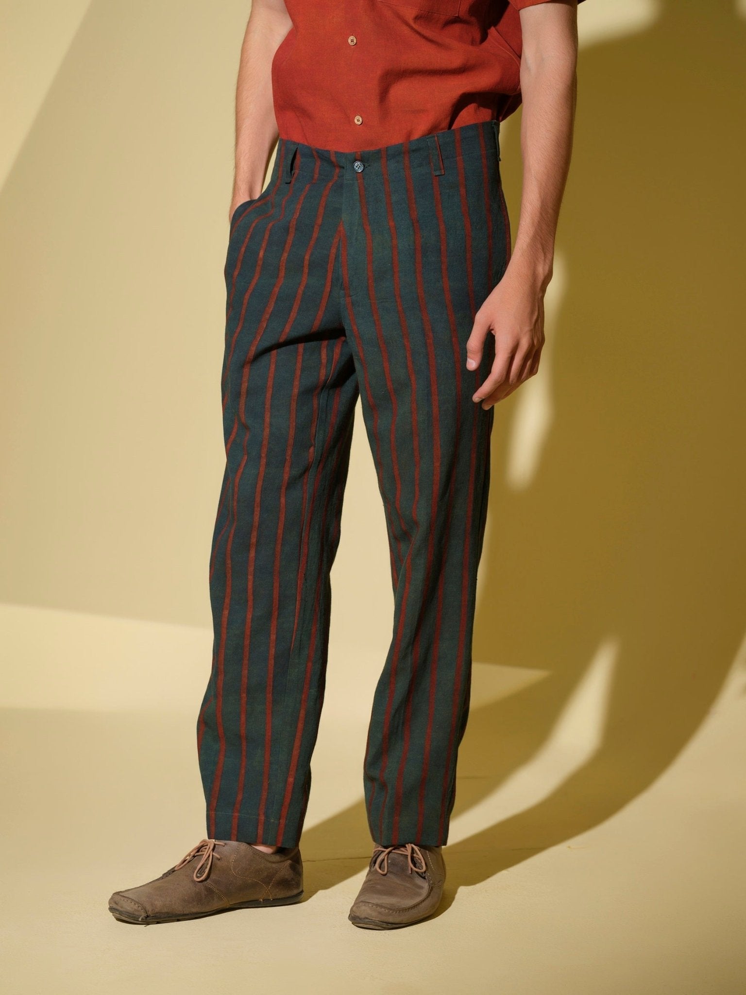 Rekha - Bamboo Linen Stripe Pant – Mens Pants by Vasudhaa Vastrram available on Brown Living™. 32 . SKU: VBLPT632001M5001. Img 1.
