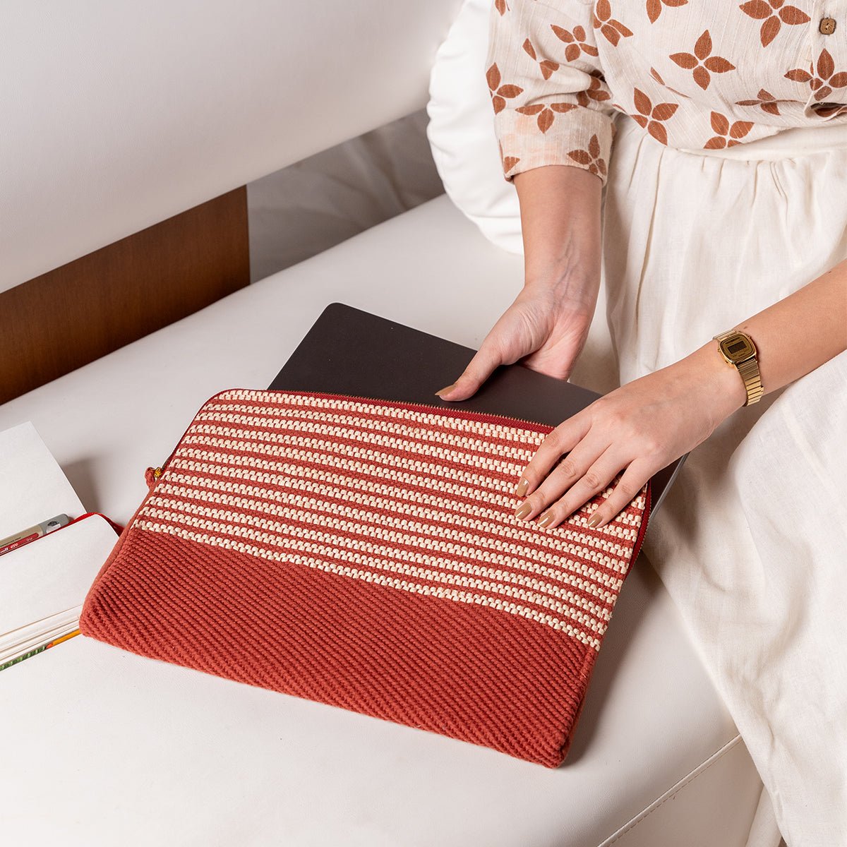 Rekha Hand - Woven Laptop Bag | Artisan Eco - Friendly Laptop Sleeve – Laptop Sleeve on Brown Living™. SKU: S24WREKHALP214-BR. Img 2.