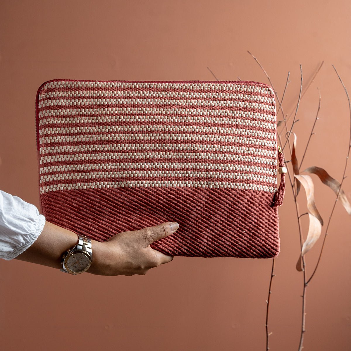 Rekha Hand - Woven Laptop Bag | Artisan Eco - Friendly Laptop Sleeve – Laptop Sleeve on Brown Living™. SKU: S24WREKHALP214-BR. Img 4.