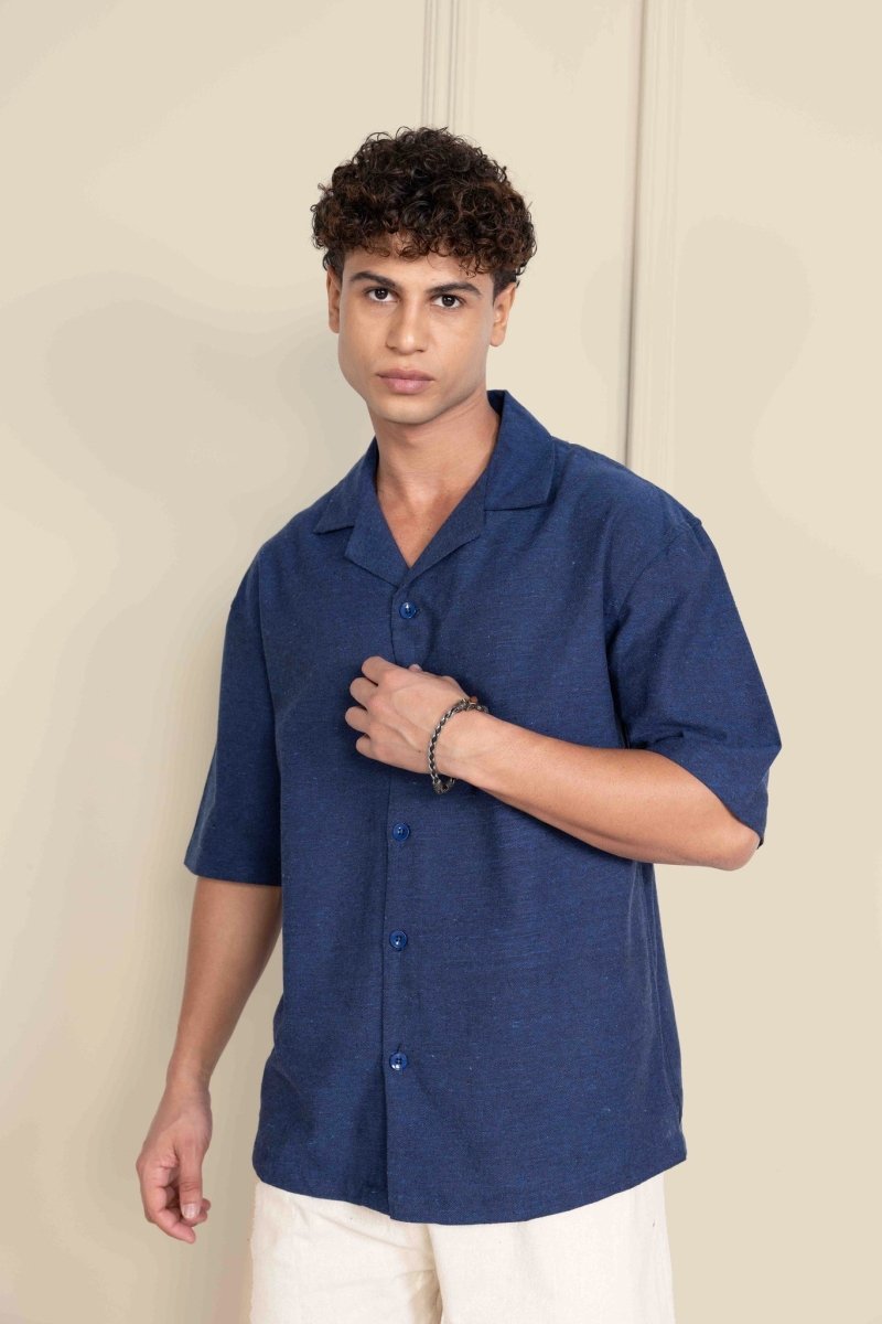 Relaxed Fit Half Sleeve Cuban Collar Shirt For Men | Dark Blue – Men Shirt on Brown Living™. SKU: DS-1011_S. Img 1.