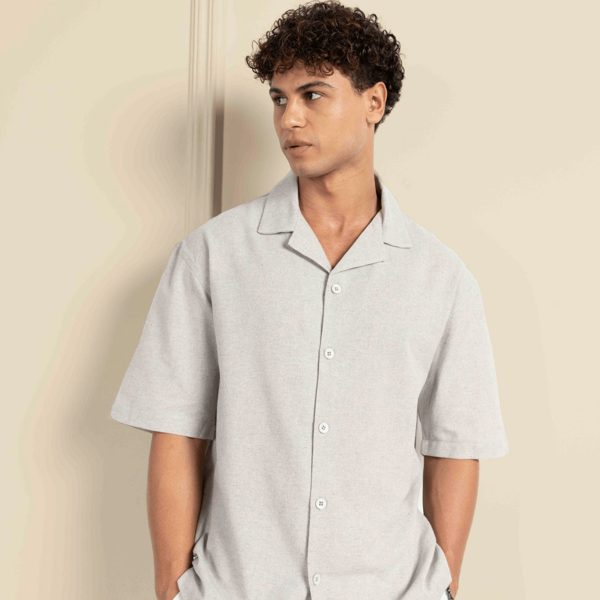 Relaxed Fit Half Sleeve Cuban Collar Shirt For Men | Melange Grey – Men Shirt on Brown Living™. SKU: DS-1017_S. Img 9.