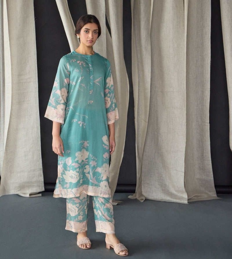 Retro Blue Floral Tencel Kurta (Set of 2) | Verified Sustainable Womens Kurta on Brown Living™