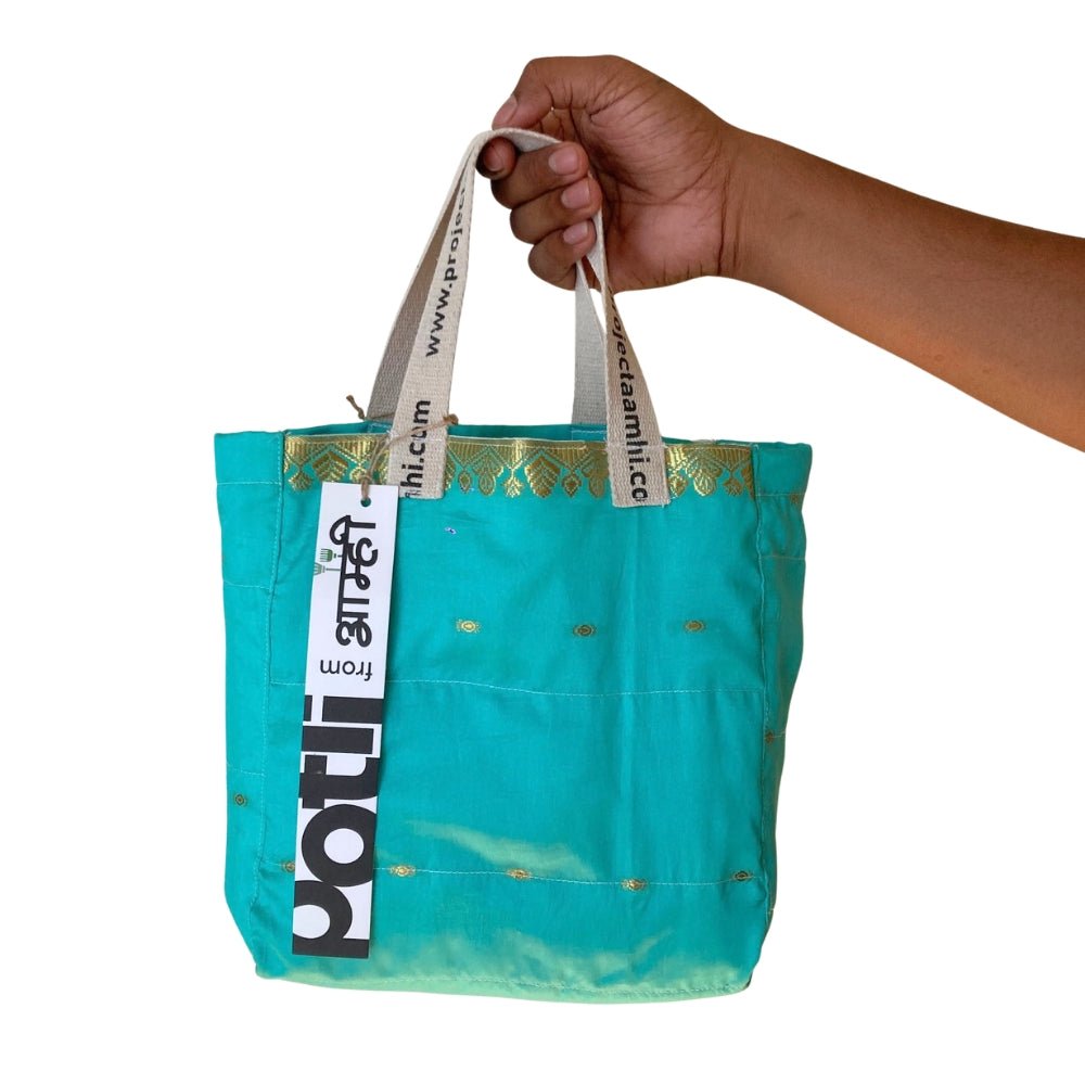 Reusable Tiffin Bag Upcycled Lunch Carry Bag – Bags on Brown Living™. SKU: ASWMTIFBLUE. Img 11.