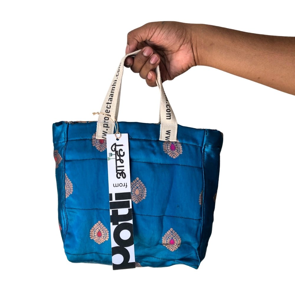 Reusable Tiffin Bag Upcycled Lunch Carry Bag – Bags on Brown Living™. SKU: ASWMTIFDKBLUE. Img 27.