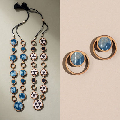 Reversible 2 - In - 1 Repurposed Fabric & Wood Necklace Earrings Set – Womens Earrings on Brown Living™. SKU: JCC030. Img 1.