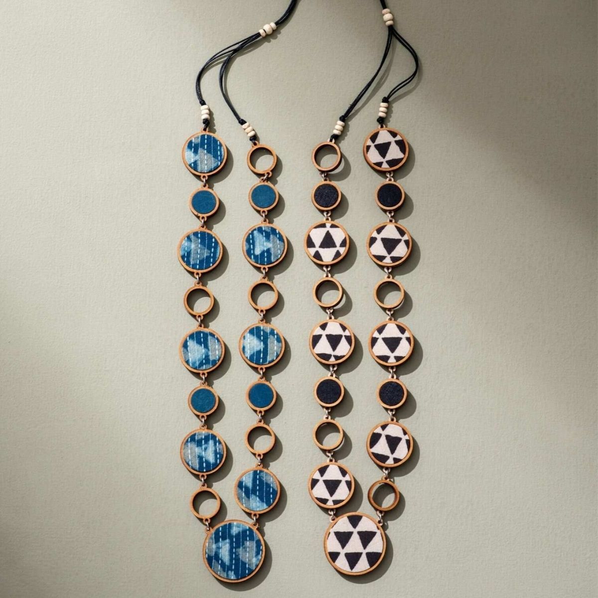Reversible 2 - In - 1 Repurposed Fabric & Wood Necklace Earrings Set – Womens Earrings on Brown Living™. SKU: JCC030. Img 2.