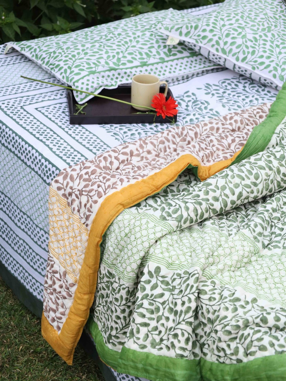 Reversible Hand - Printed Quilt - Luxe Comfort in Green & Yellow | Verified Sustainable by Brown Living™