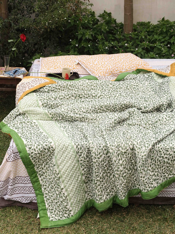 Reversible Hand-Printed Quilt- Luxe Comfort in Green & Yellow | Verified Sustainable Bed Linens on Brown Living™