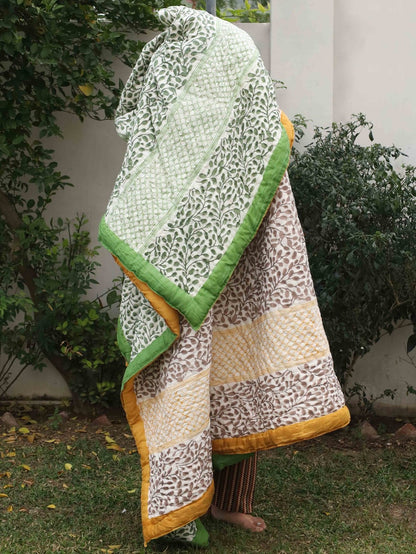 Reversible Hand - Printed Quilt - Luxe Comfort in Green & Yellow | Verified Sustainable by Brown Living™