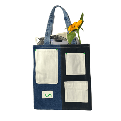 Reversible Multi - Pocket Cotton Denim Tote Bag – Tote Bag on Brown Living™. SKU: UNBHUJA7003055. Img 2.