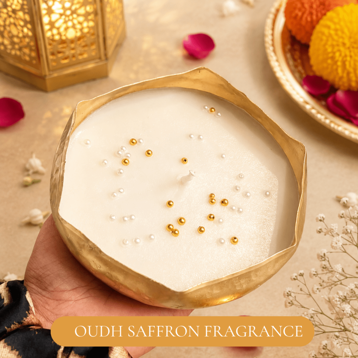 Ripple Glow Wavy Urli Candle | Oudh Saffron Diwali Candle – Candles & Fragrances on Brown Living™. SKU: D-411. Img 1.