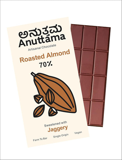 Roasted Almond 70% Cocoa Dark Chocolate – Sweetened with Jaggery – Chocolates on Brown Living™. SKU: 8931500357559. Img 1.