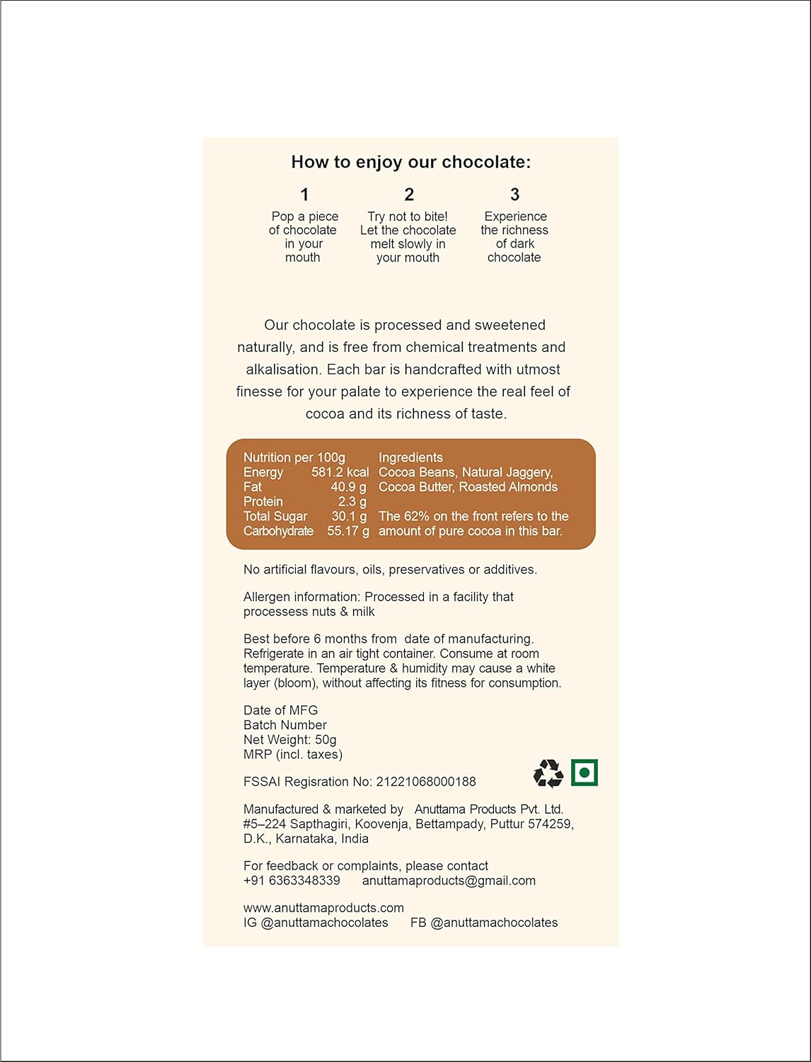 Roasted Almond 70% Cocoa Dark Chocolate – Sweetened with Jaggery – Chocolates on Brown Living™. SKU: 8931500357559. Img 3.