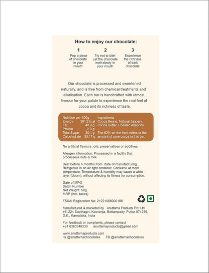 Roasted Almond 70% Cocoa Dark Chocolate – Sweetened with Jaggery – Chocolates on Brown Living™. SKU: 8931500357559. Img 3.