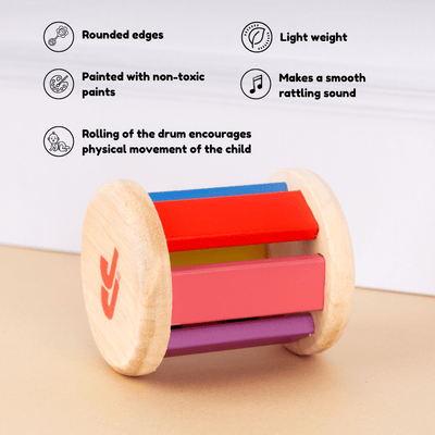 Rolling Drum Rattle | Encourages Grasp, Crawling & Tummy Time – Wooden Toys on Brown Living™. SKU: JNJ0011. Img 3.