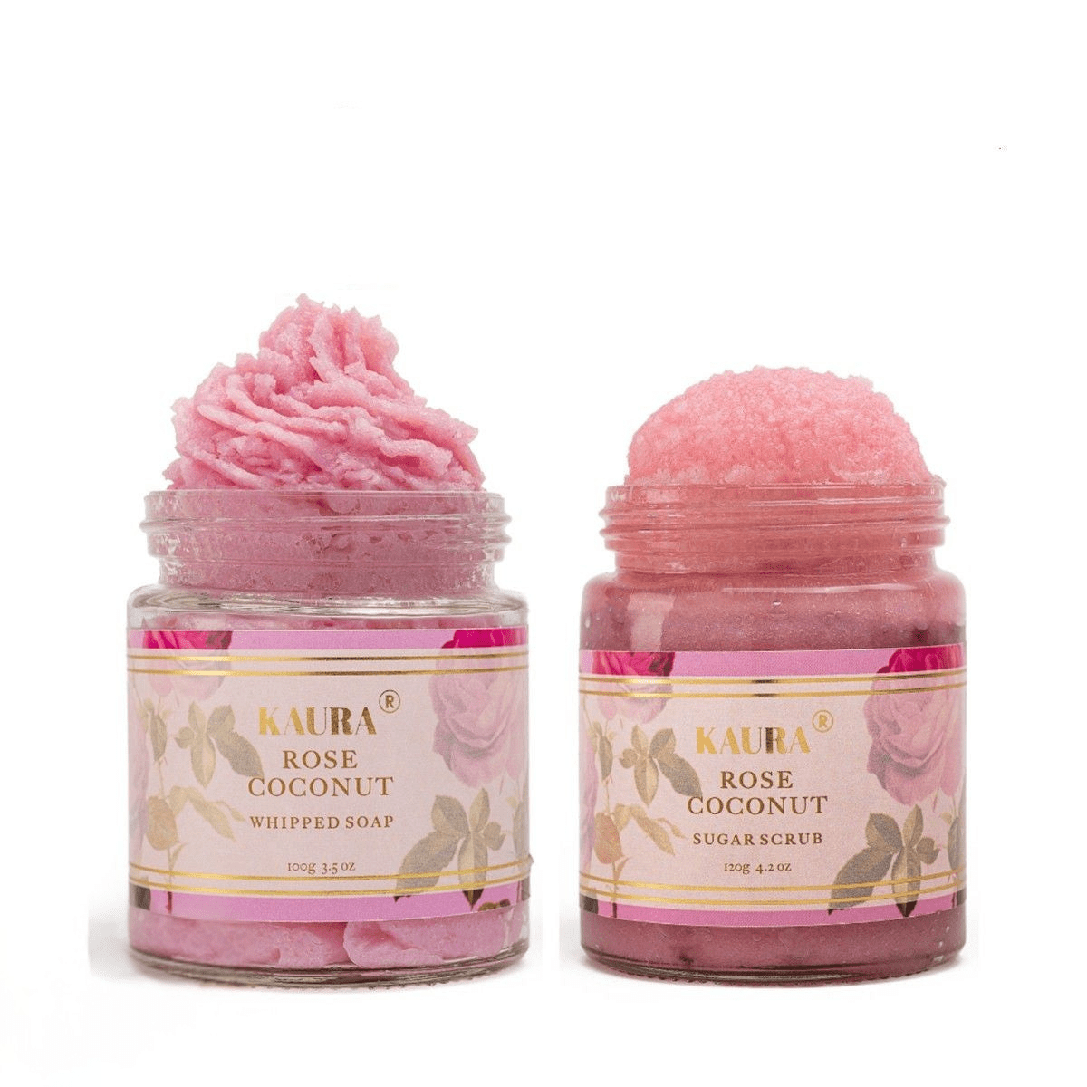 Rose Exfoliating Pack of 2 (Whipped Soap + Scrub) for Soft, Clear Skin – Body Scrub on Brown Living™. SKU: KI307. Img 1.