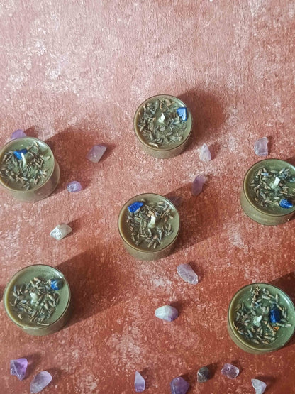 Rose Petals & Gold Foil Tealight - Set of 6 (Lavendar) – Candles & Fragrances by Rasa Home available on Brown Living™. Azurite Crystal Tealight - Set Of 6 . SKU: TCS070_N. Img 13.