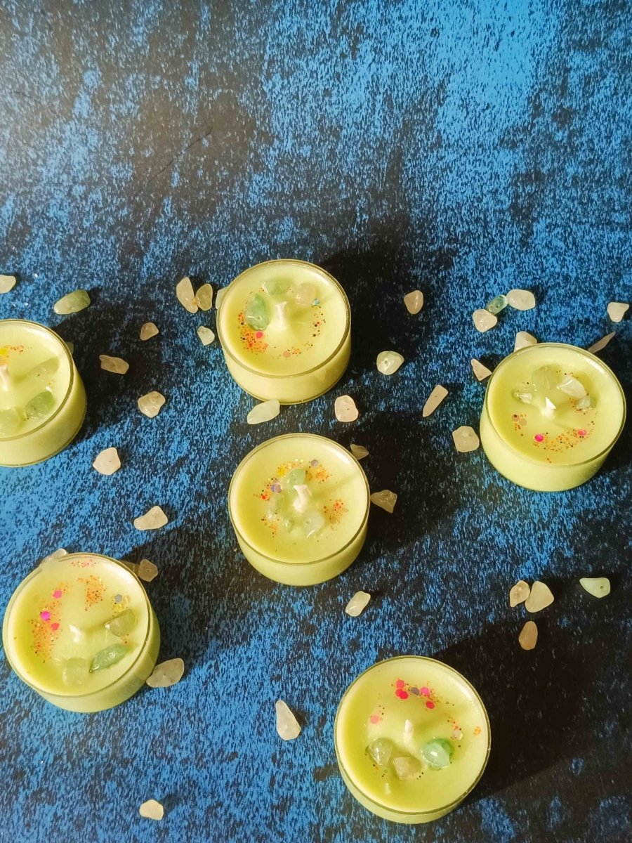 Rose Petals & Gold Foil Tealight - Set of 6 (Lavendar) – Candles & Fragrances by Rasa Home available on Brown Living™. Calming Crystal Tealight - Set Of 6 . SKU: TCS060_N. Img 12.
