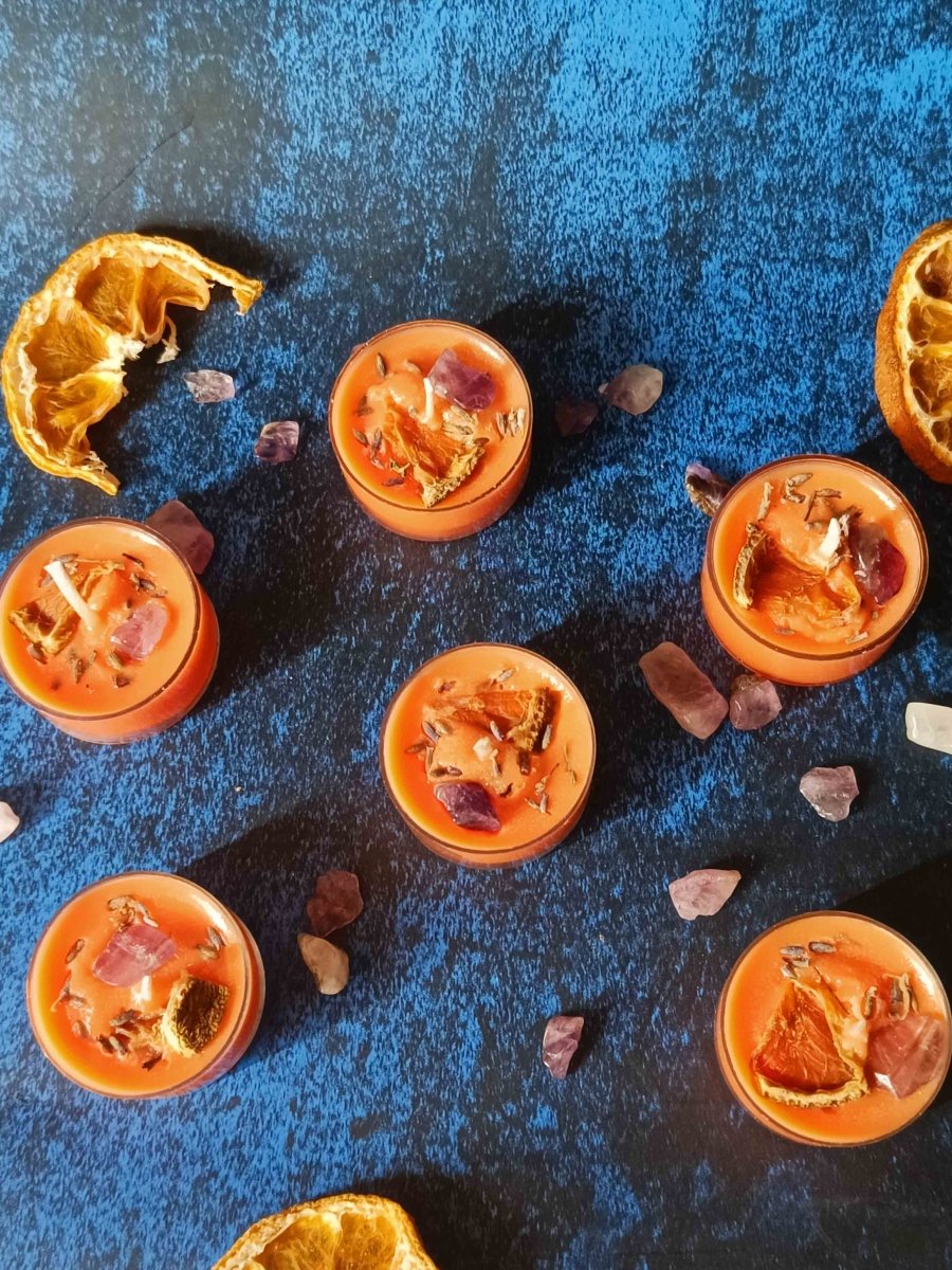 Rose Petals & Gold Foil Tealight - Set of 6 (Lavendar) – Candles & Fragrances by Rasa Home available on Brown Living™. Crystal & Orange Tealight - Set Of 6 . SKU: TCS067_N. Img 10.