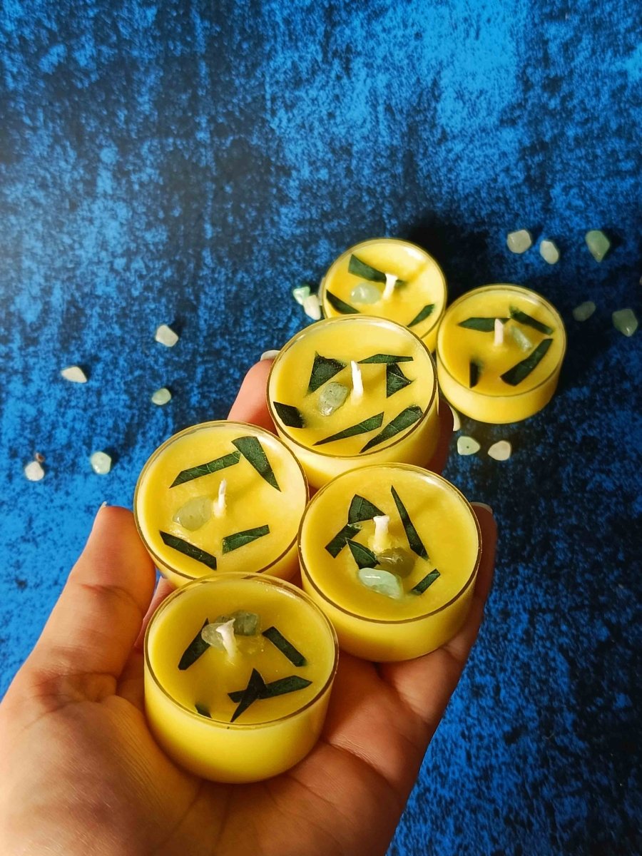 Rose Petals & Gold Foil Tealight - Set of 6 (Lavendar) – Candles & Fragrances by Rasa Home available on Brown Living™. Leaf & Crystal Tealight - Set Of 6 . SKU: TCS062_N. Img 6.